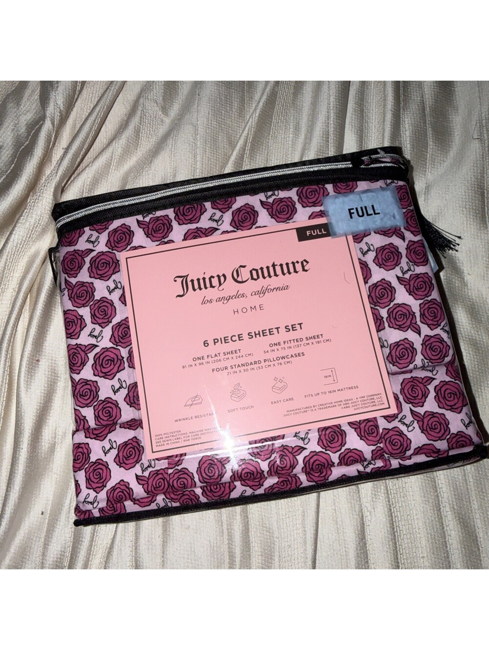 Juicy Couture Full 6 Piece Sheet Set - Juicy Logo with Pink Roses